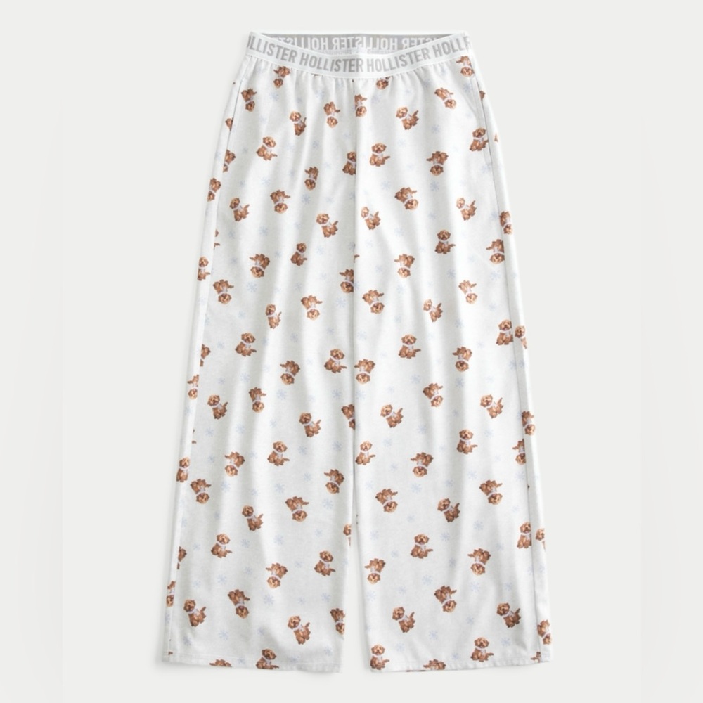 Hollister Puppy Print Pajama Pants Baggy Flannel Goldendoodle Gray S Long Cozy